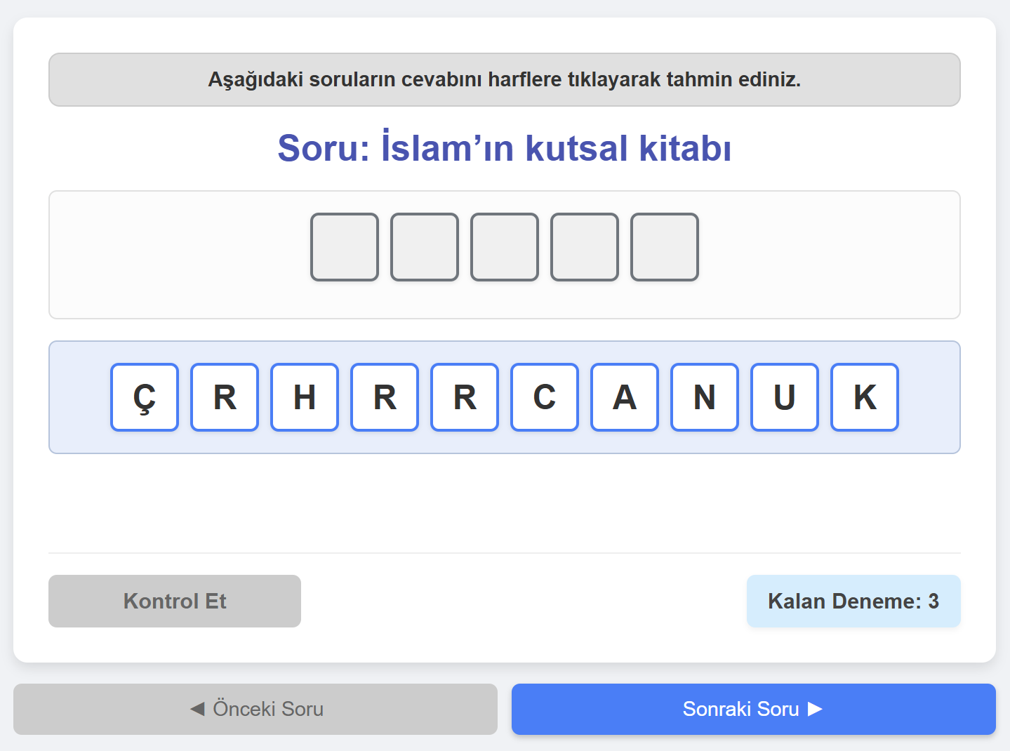 009a- Sayfa Geçişli Çok Sorulu Tıklayarak Kutulara Harf Yerleştirme Örneği-1